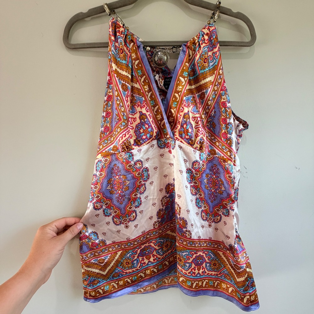 Y2K Nicole Miller Halter Top Women 12 Paisley Satin Beaded Whimsigoth Indie